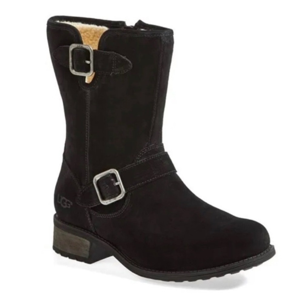 UGG Chaney Buckle Suede Moto  Boots Black Size 7.5 Bikercore Boho Outdoor Grunge